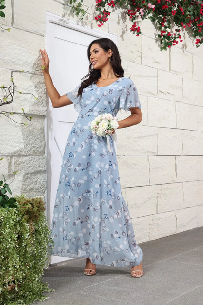 Floral Chiffon Maxi Dress – Ruffled V-Neck Summer Beach Dress