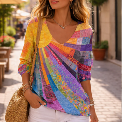 Printed Drop-Shoulder V-Neck Long Sleeve Top – Relaxed Fit Statement Blouse