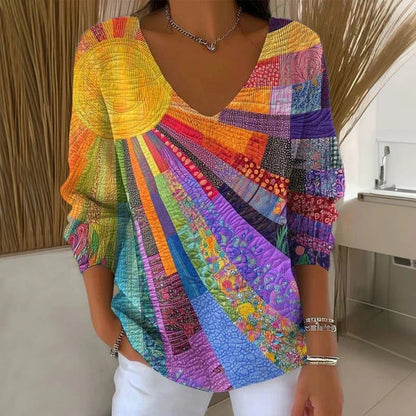 Printed Drop-Shoulder V-Neck Long Sleeve Top – Relaxed Fit Statement Blouse