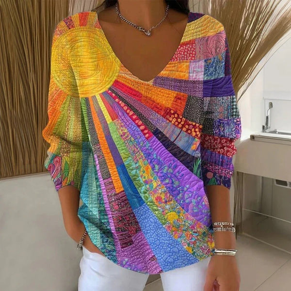 Printed Drop-Shoulder V-Neck Long Sleeve Top – Relaxed Fit Statement Blouse