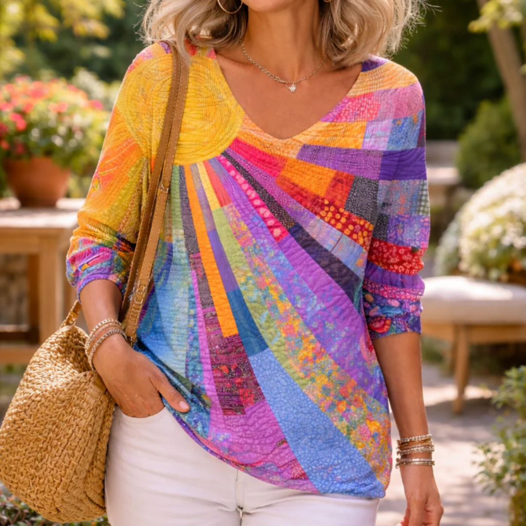 Printed Drop-Shoulder V-Neck Long Sleeve Top – Relaxed Fit Statement Blouse