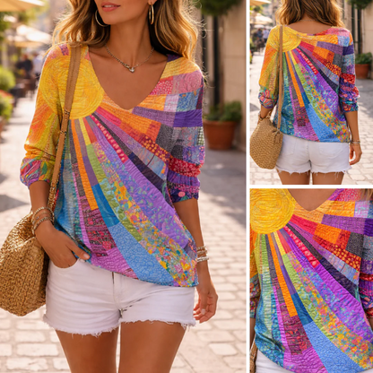 Printed Drop-Shoulder V-Neck Long Sleeve Top – Relaxed Fit Statement Blouse