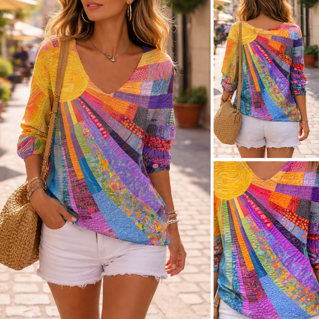Printed Drop-Shoulder V-Neck Long Sleeve Top – Relaxed Fit Statement Blouse