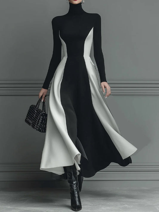 Veloura™ - Elegant High-Neck Contrast Knit Dress