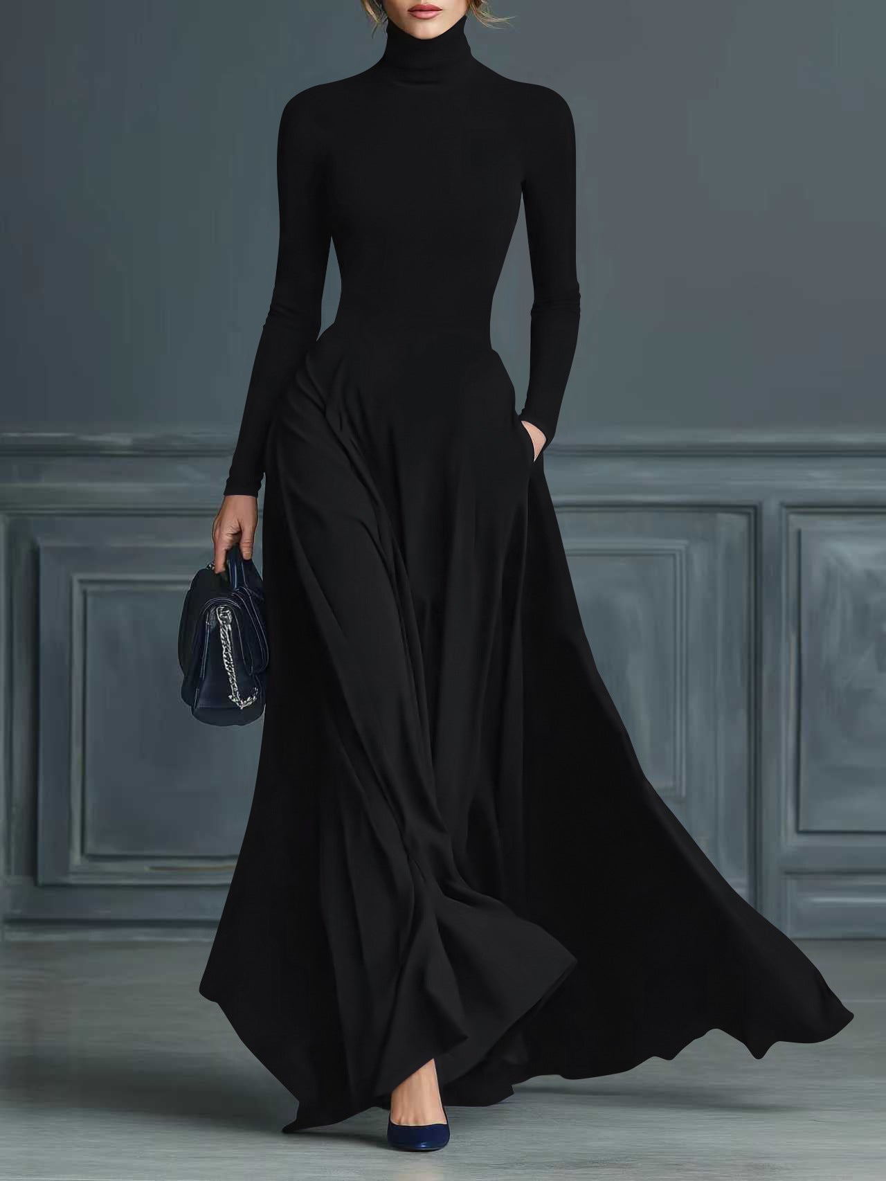 Élise Noire™ | High-Neck Flared Maxi Dress