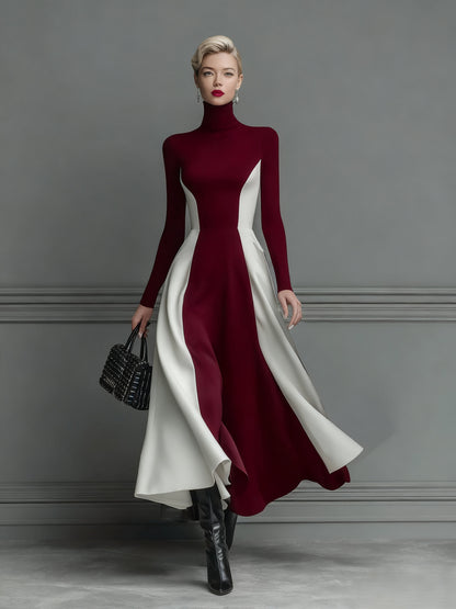 Veloura™ - Elegant High-Neck Contrast Knit Dress
