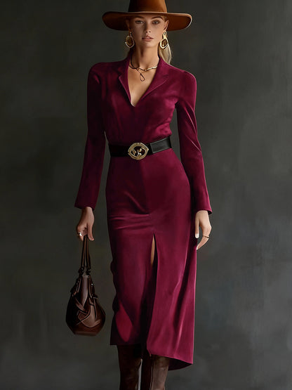 Isabella Atelier™ | Suede Blazer-Collar Slit Dress