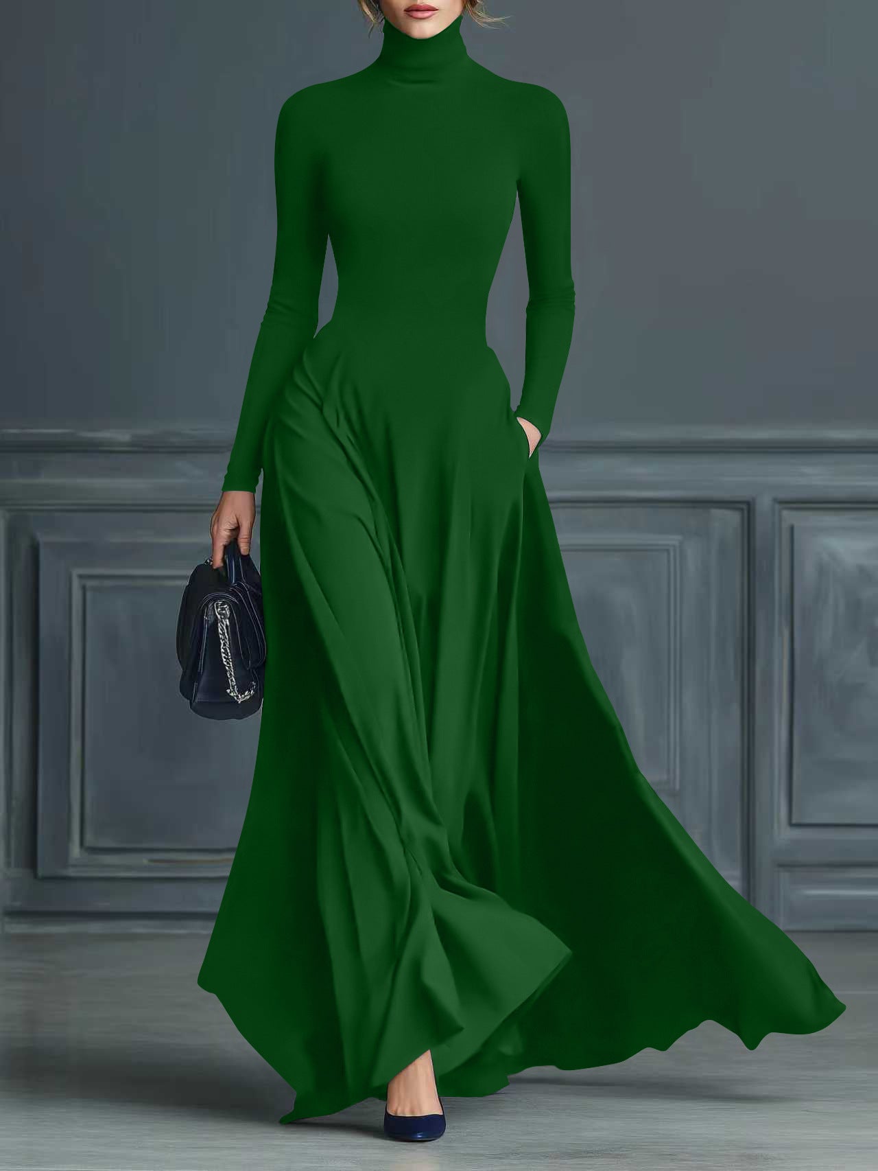 Élise Noire™ | High-Neck Flared Maxi Dress